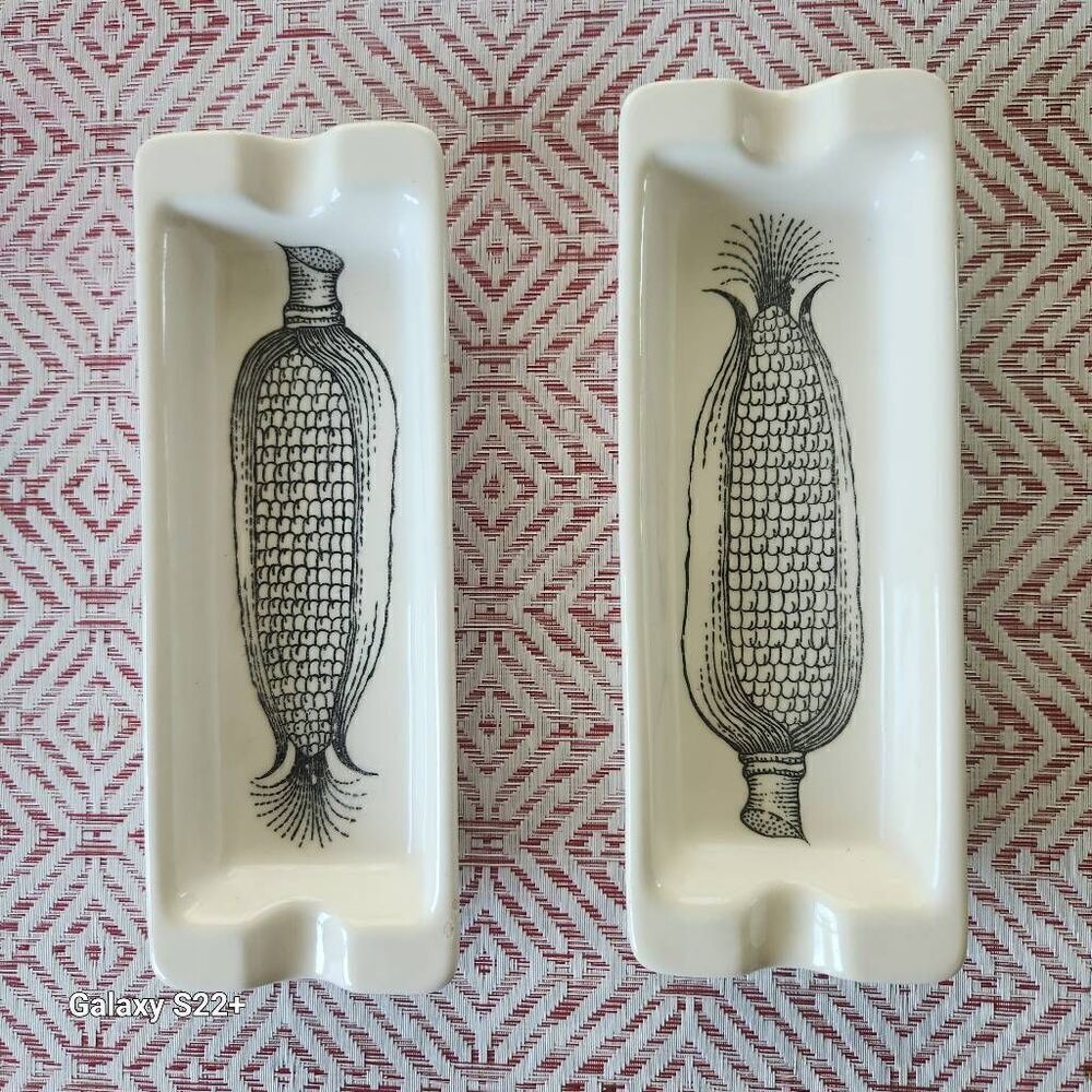 Vintage Corn on the cob serving dishes white w black print